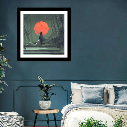 Samurai Under Red Moon Wall Art