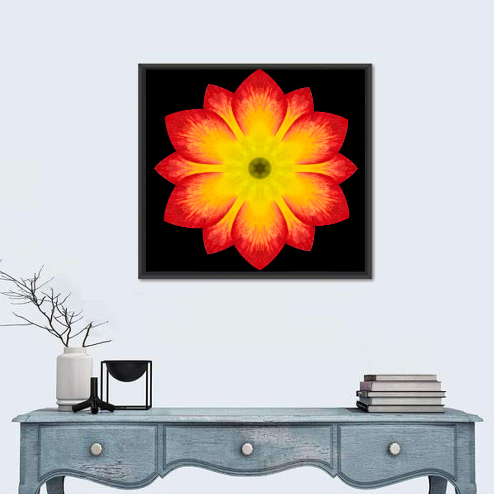 Red Yellow Mandala Flower Pattern Wall Art in a room, square