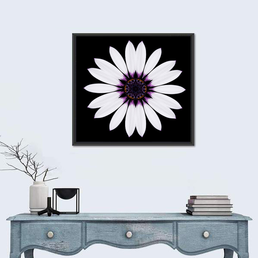 White Daisy Mandala on Black Wall Art