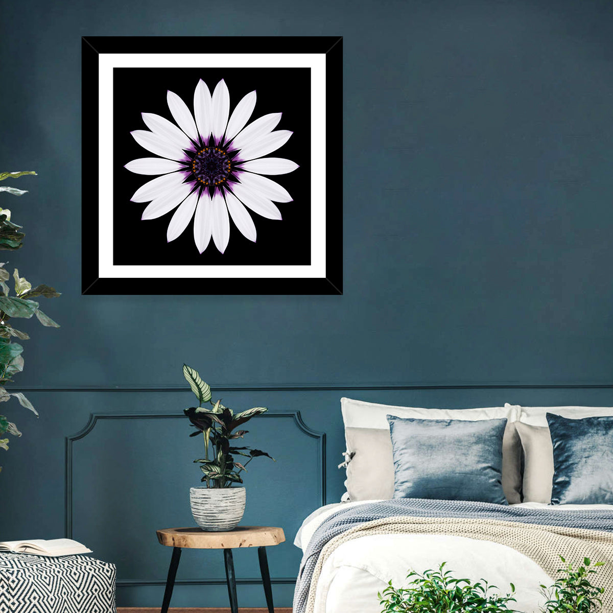 White Daisy Mandala on Black Wall Art