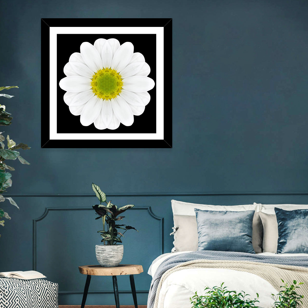 High Contrast Daisy Mandala Pattern Wall Art in a room, square