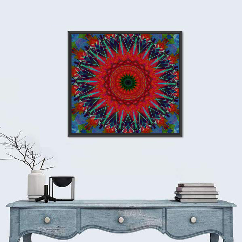 Lotus Blossom Starburst Mandala Wall Art in a room, square