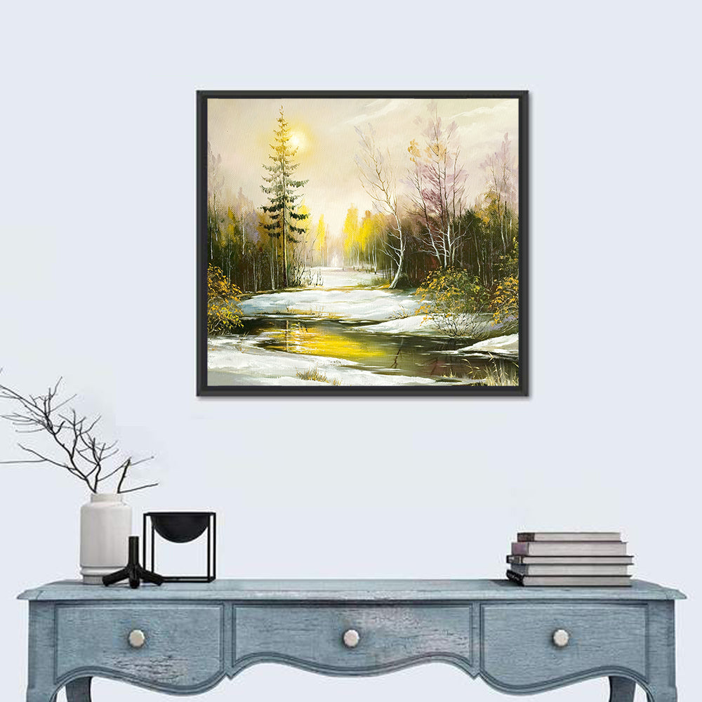 Sunlit Winter River Landscape Wall Art in a room, square