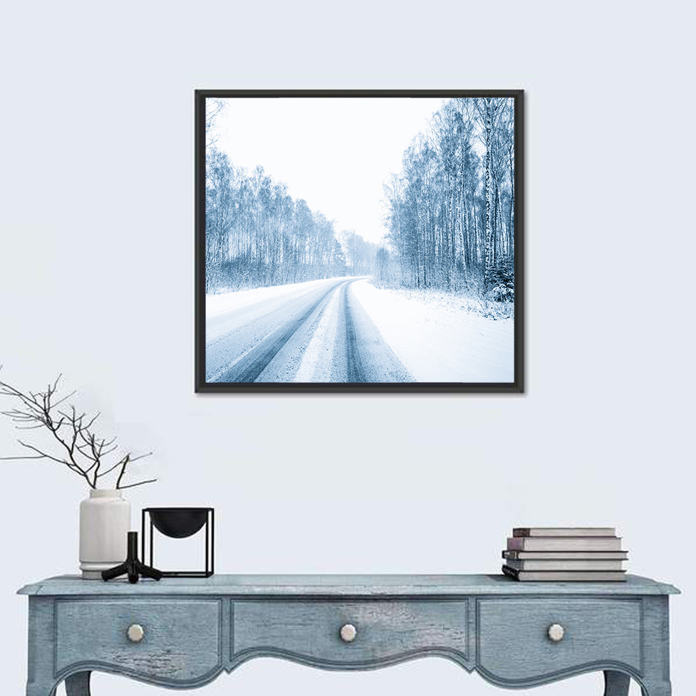 Tire Tracks on Snowy Road Wall Art