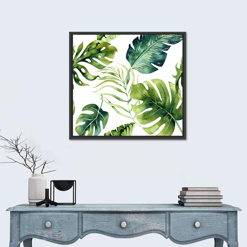 Tropical Watercolor Leaves Wall Art in a room, square