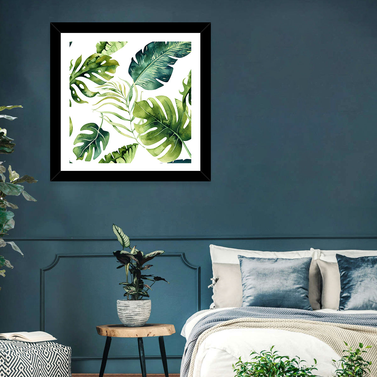 Tropical Watercolor Leaves Wall Art in a room, square