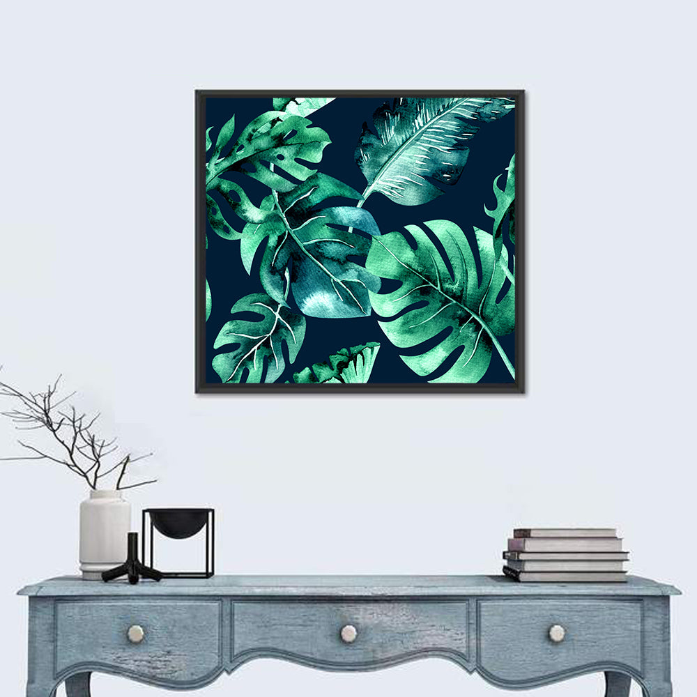 Tropical Watercolor Leaf Pattern Wall Art in a room, square