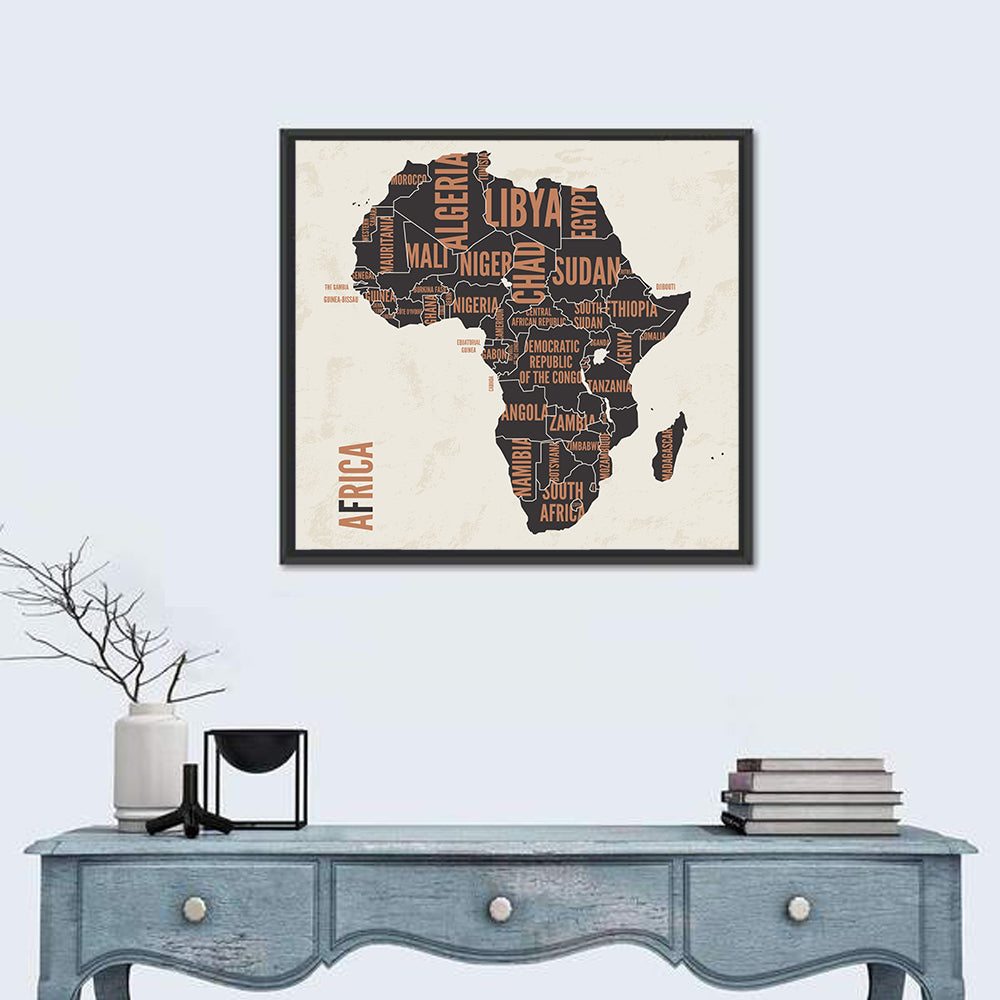 Typographic Africa Map with Country Names Wall Art in a room, square