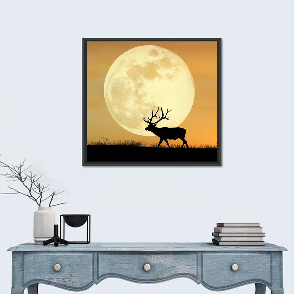 Bull Elk Silhouette Under Supermoon Wall Art