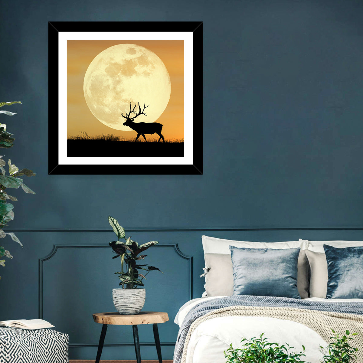 Bull Elk Silhouette Under Supermoon Wall Art