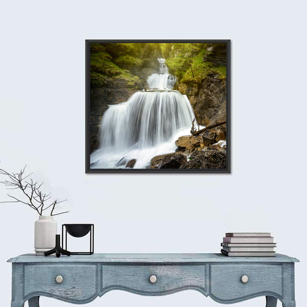White Cascade Over Mossy Rocks Wall Art