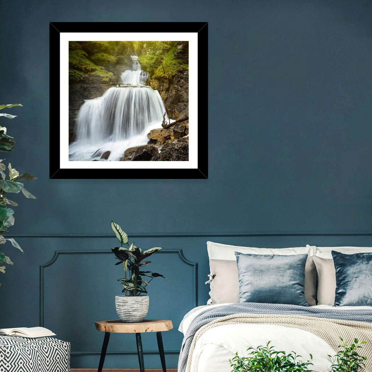 White Cascade Over Mossy Rocks Wall Art