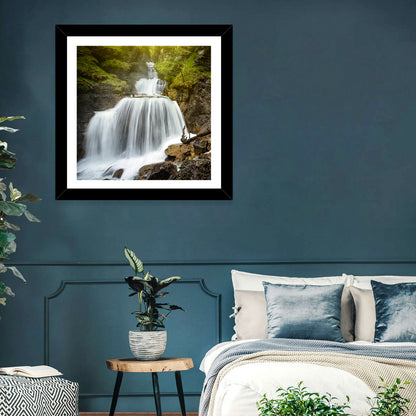 White Cascade Over Mossy Rocks Wall Art