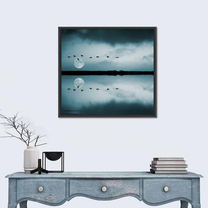 Moonlit Flock Over Lake Wall Art