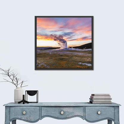 Old Faithful Erupting at Sunset Wall Art