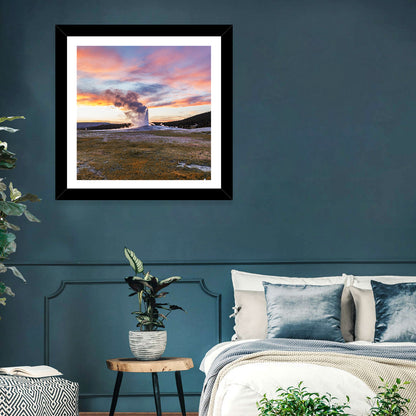 Old Faithful Erupting at Sunset Wall Art