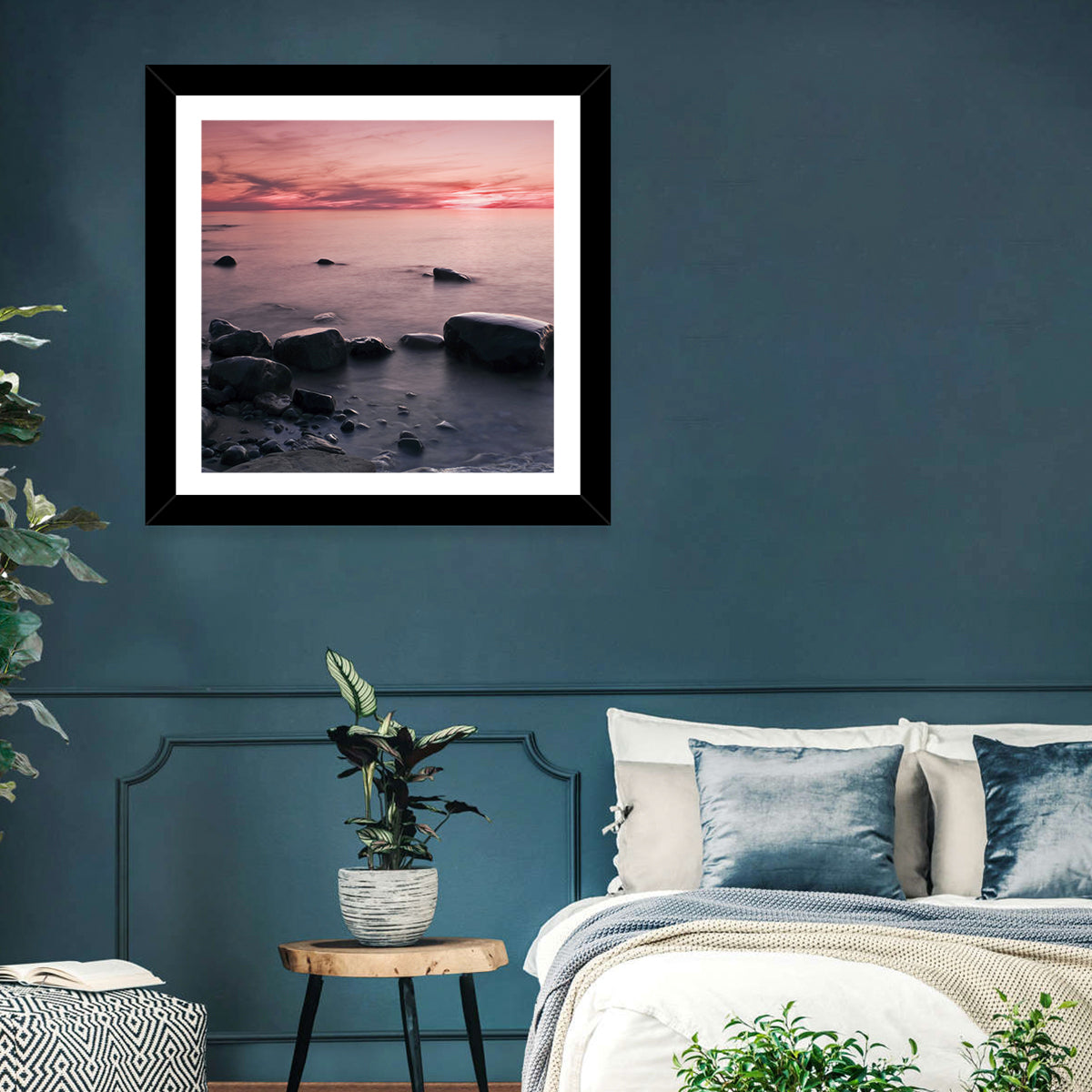 Pink Dusk Lakeshore with Silhouetted Rocks Wall Art