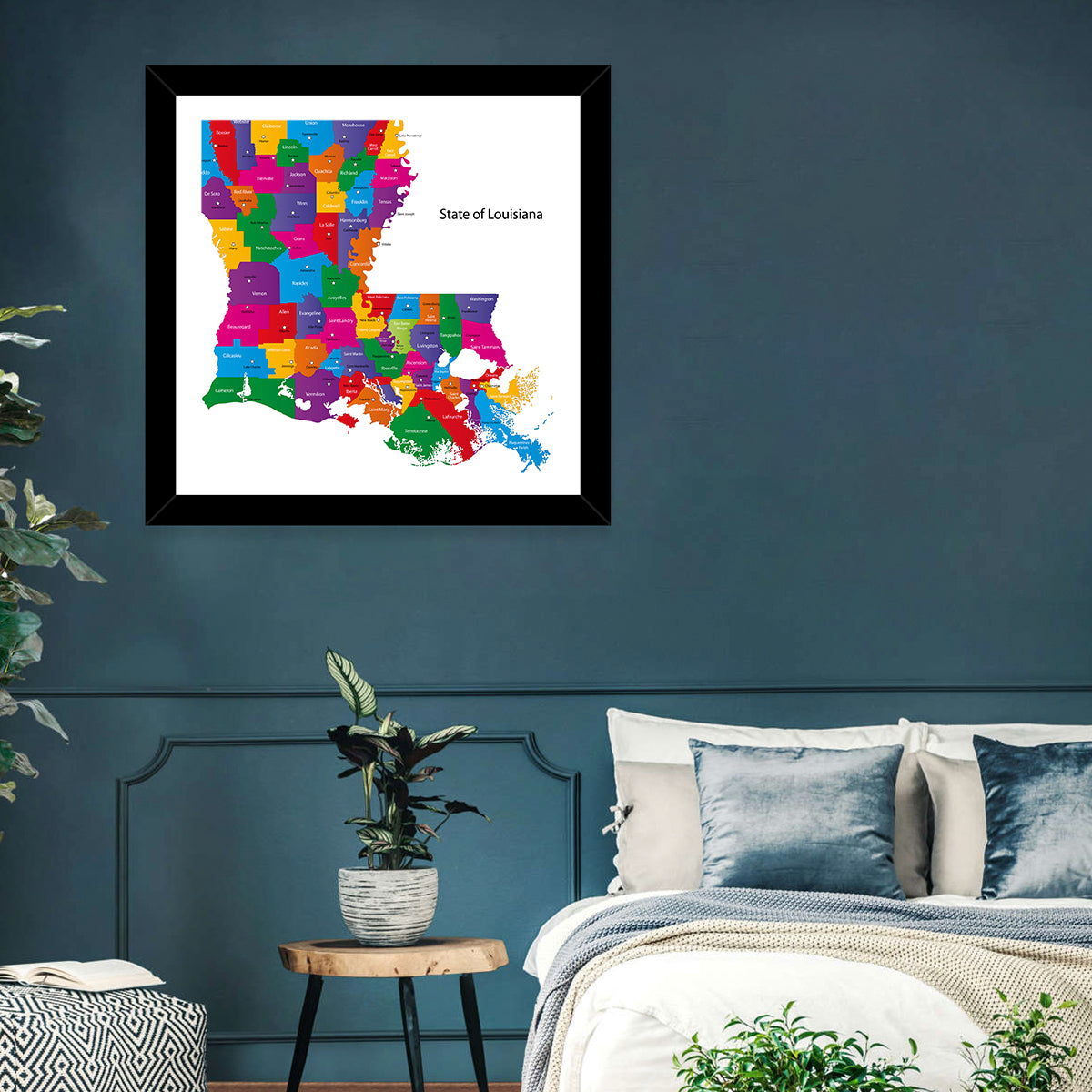 Colorful Louisiana Parish Map Wall Art in a room, square