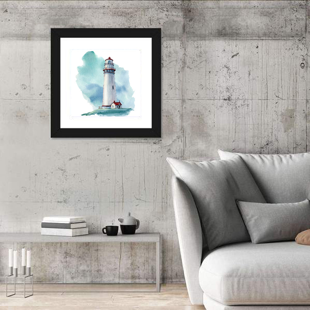 Red Roof Lighthouse Watercolor Wall Art in a room, square