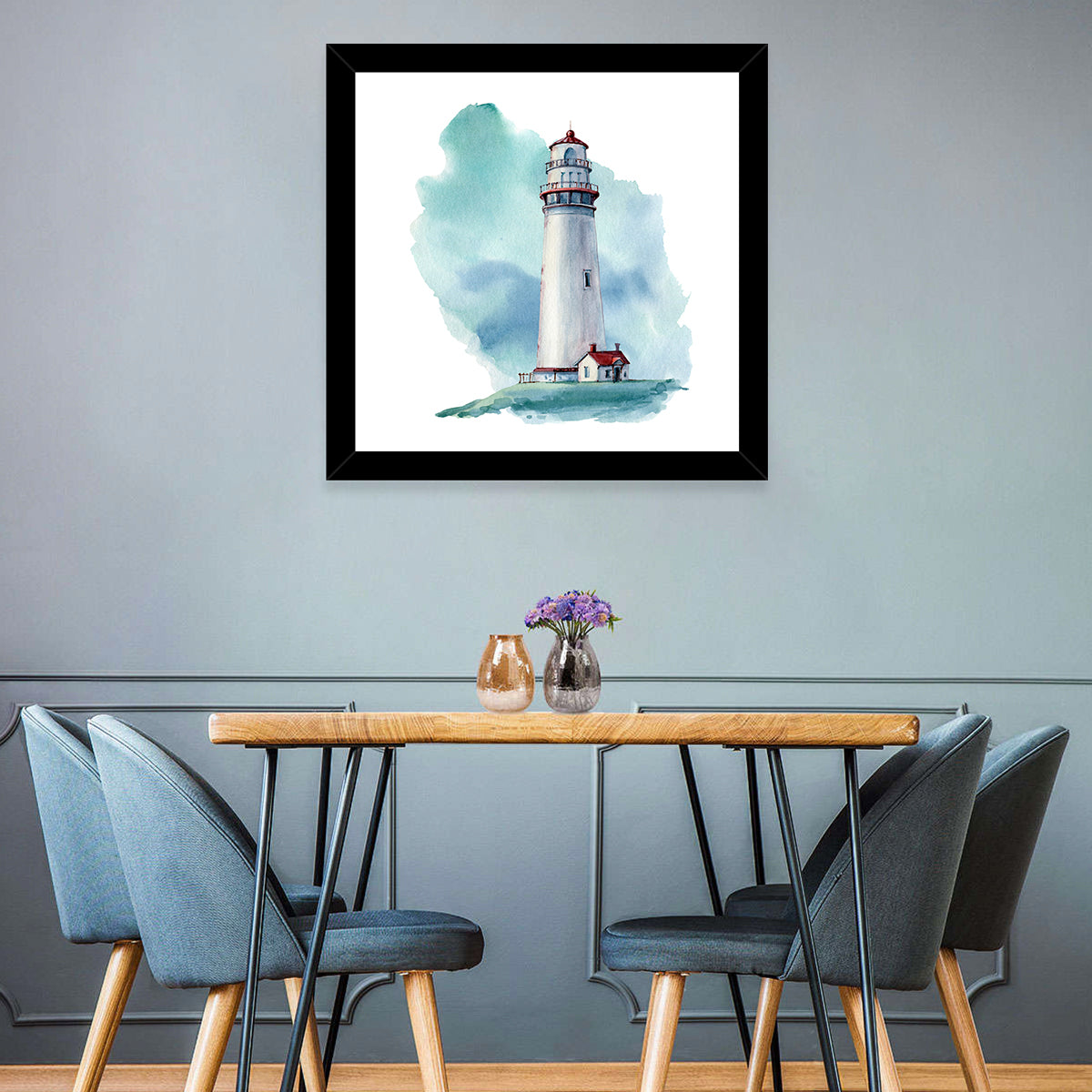Red Roof Lighthouse Watercolor Wall Art in a room, square