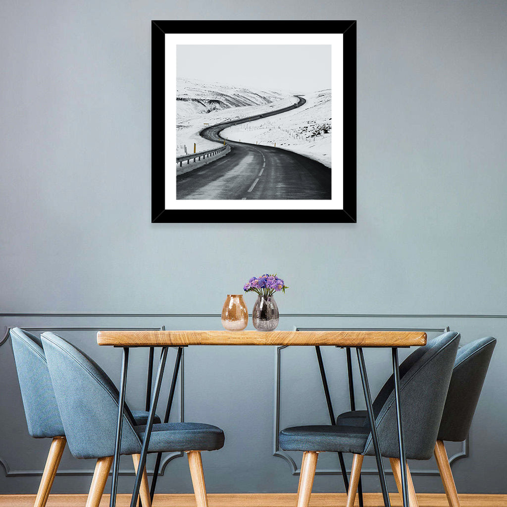 Winding Snow Road with Yellow Markers Wall Art