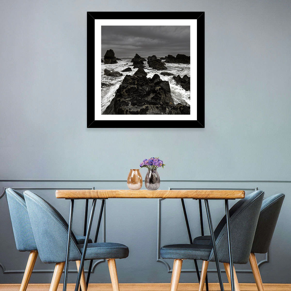 Moody Black and White Rocky Coast Waves Wall Art