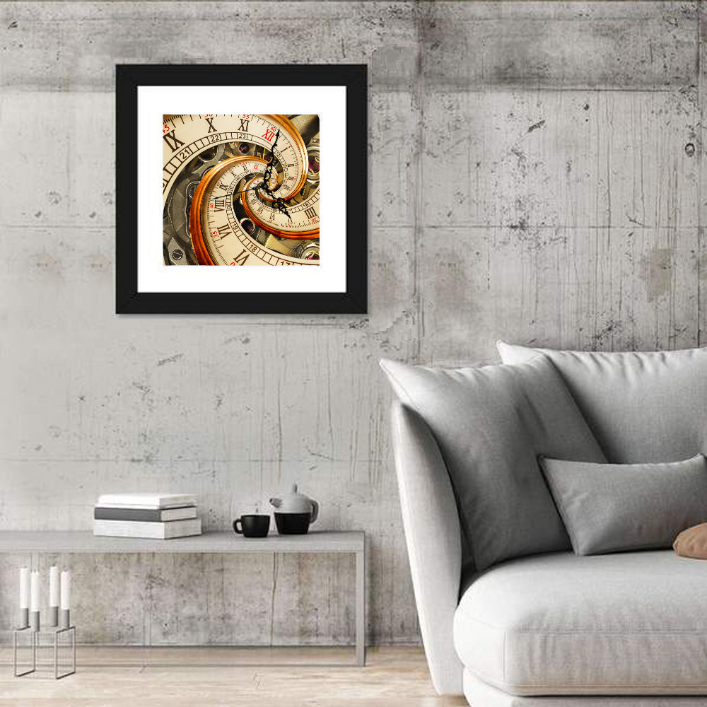 Surreal Infinity Clock Spiral Wall Art in a room, square