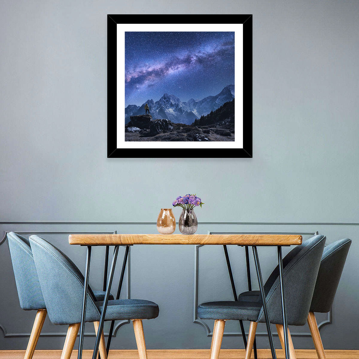 Milky Way Over Snow Capped Peaks Wall Art in a room, square