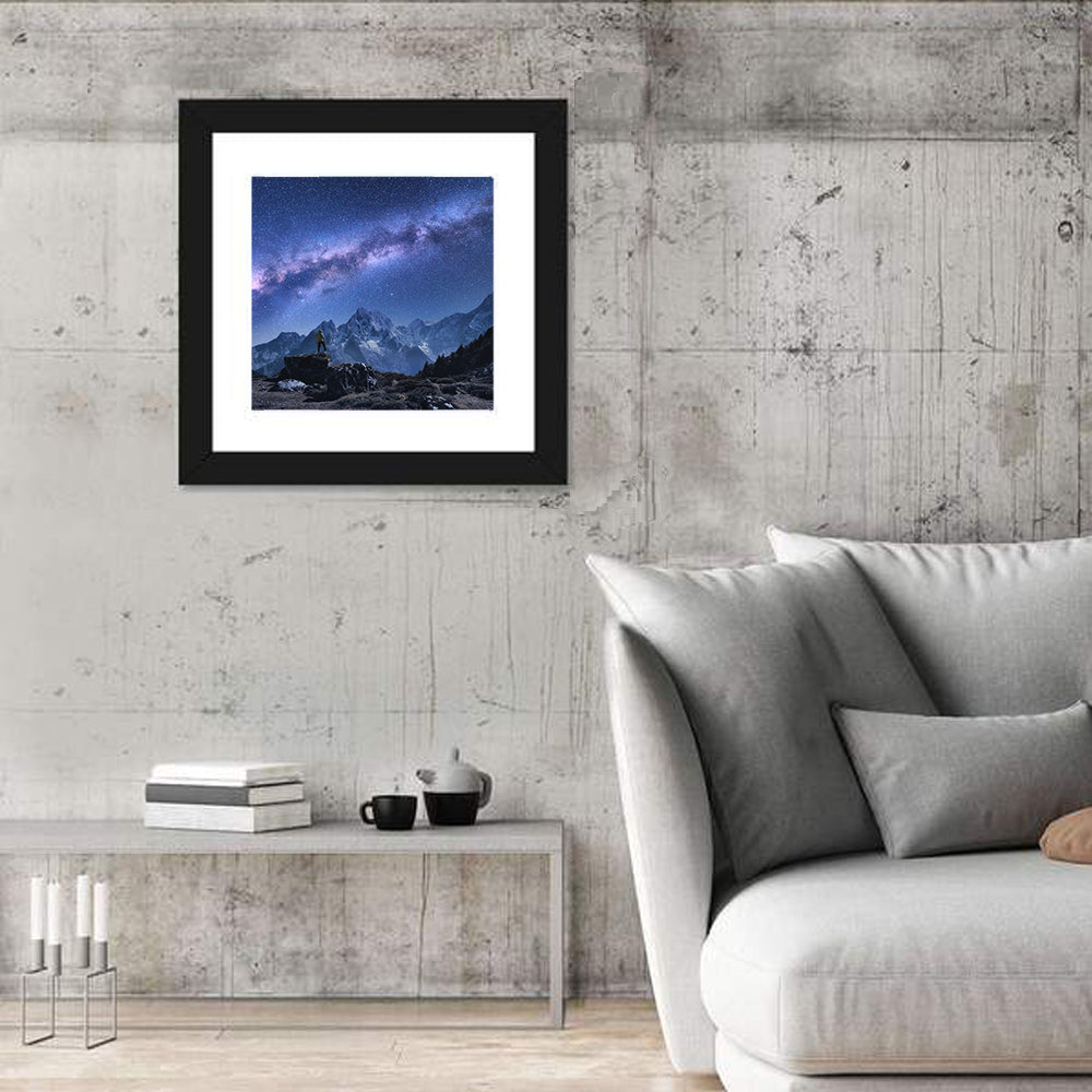Milky Way Over Snow Capped Peaks Wall Art in a room, square