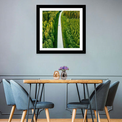 Blue Car on Forest Road Wall Art