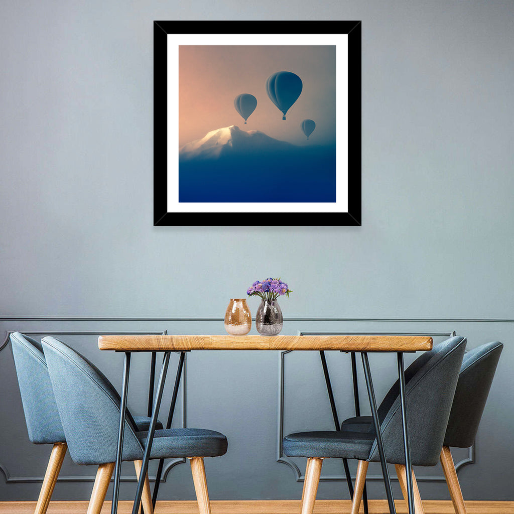 Three Hot Air Balloons Over Misty Peak Wall Art