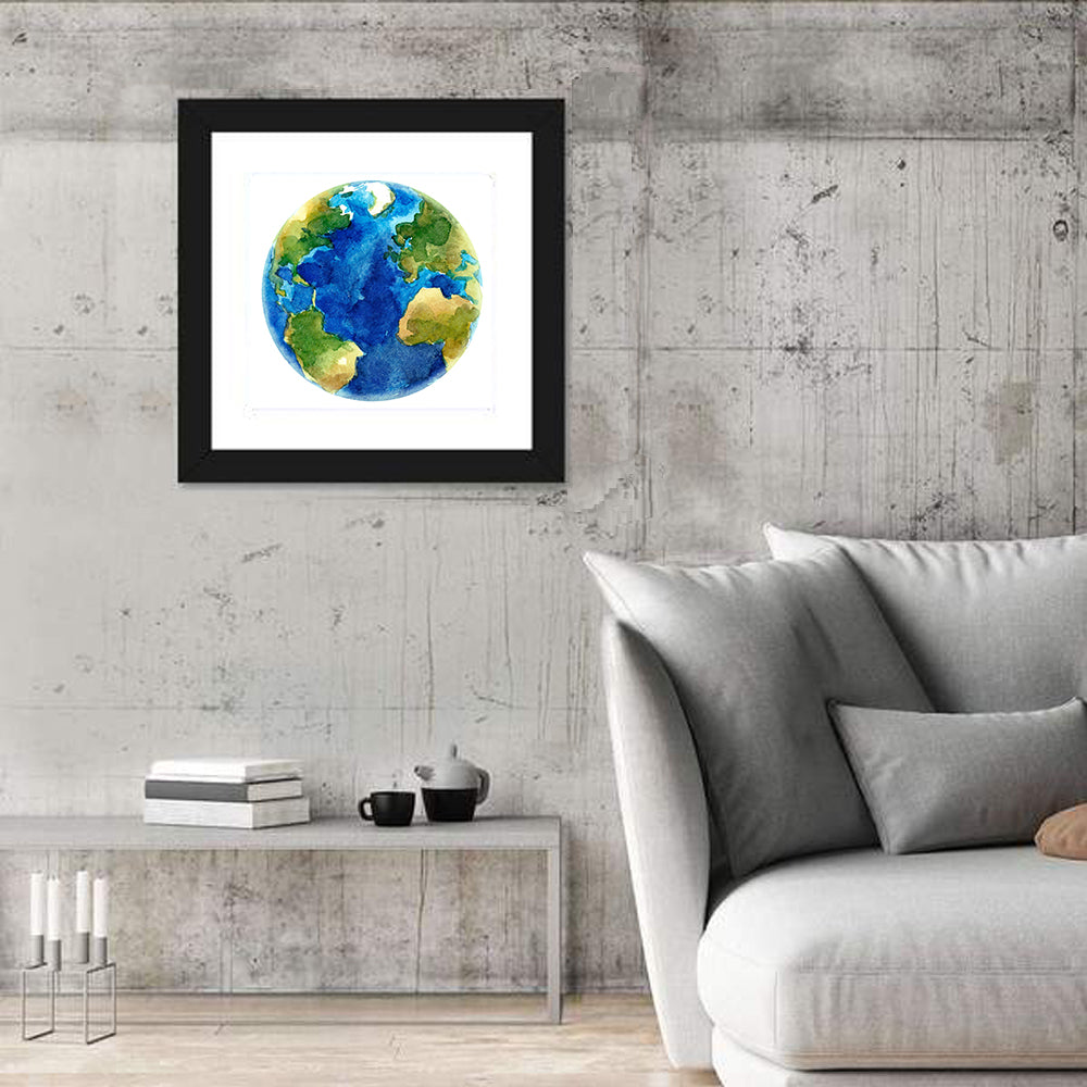 Watercolor Earth Globe Wall Art in a room, square