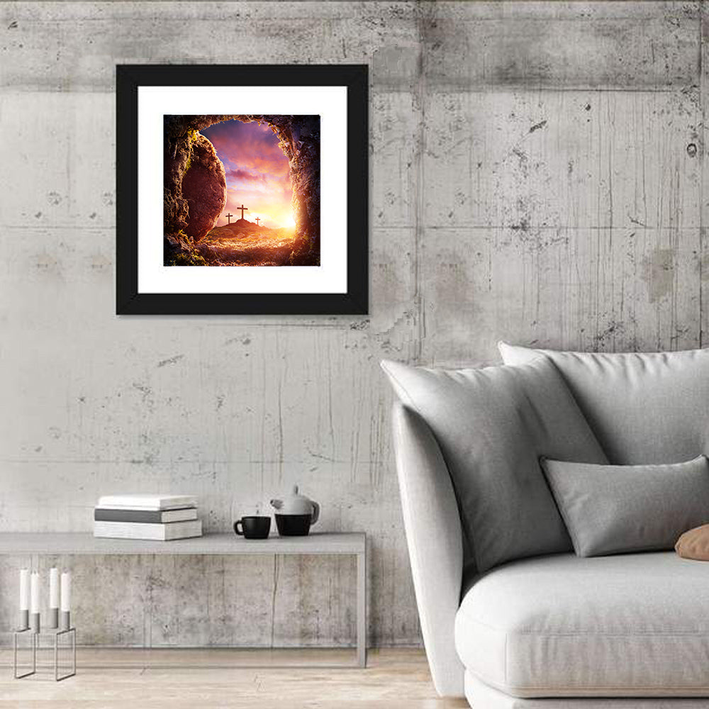 Three Crosses at Sunrise Wall Art in a room, square