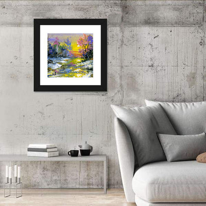 Golden Sunset Over Snowy Stream Wall Art