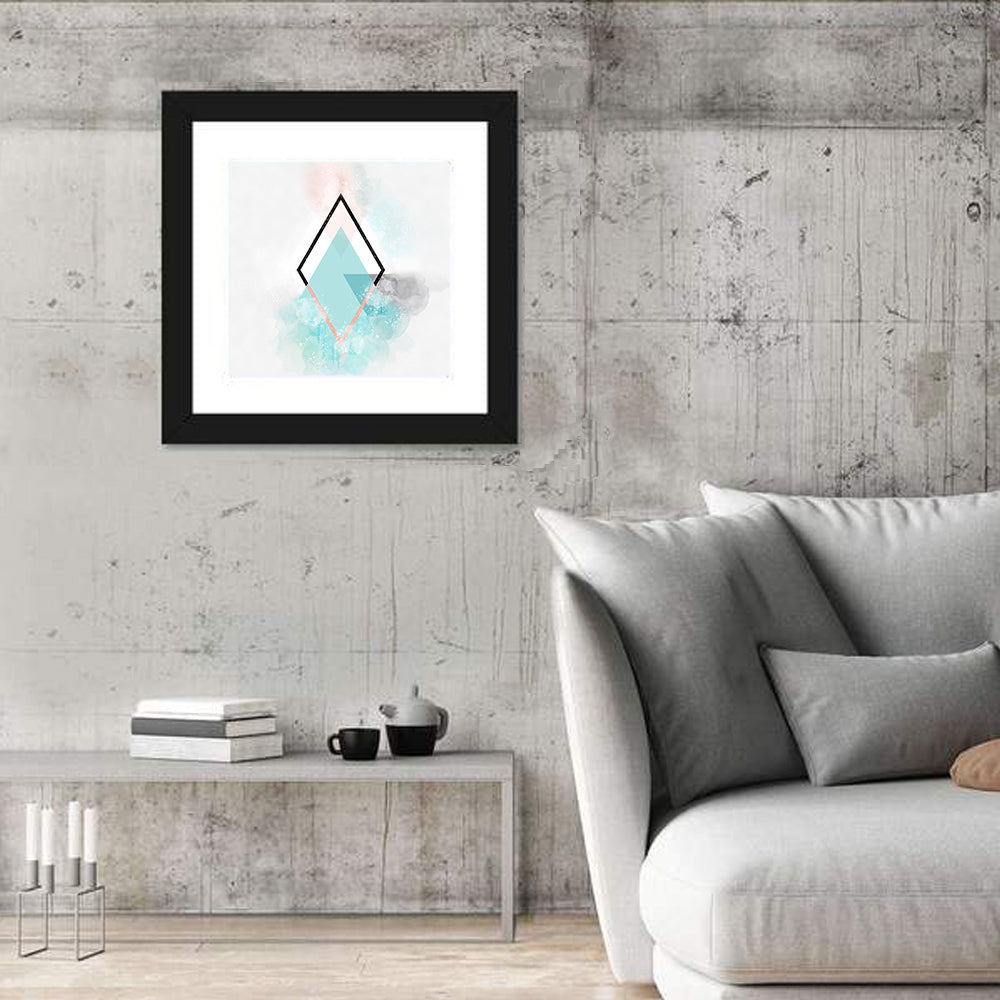 Teal Diamond Minimalist Geometry Wall Art in a room, square