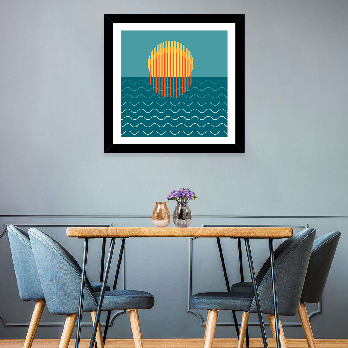 Teal Ocean Sunset Illustration Wall Art