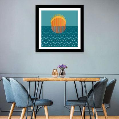 Teal Ocean Sunset Illustration Wall Art