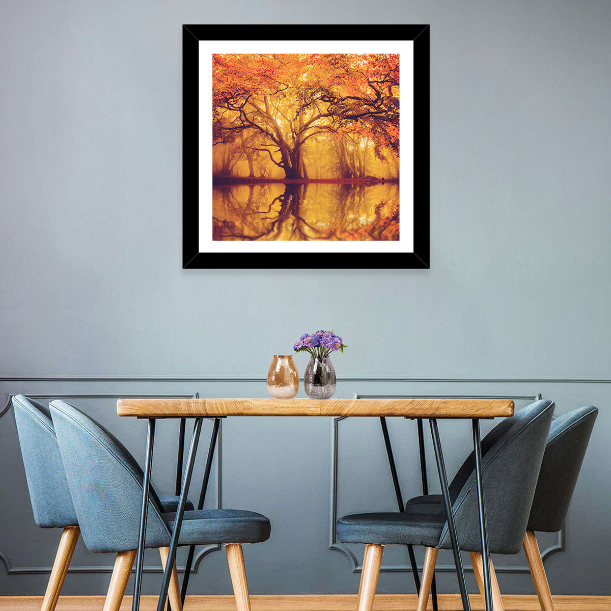 Golden Mist Forest Reflection Wall Art