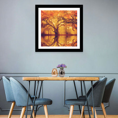 Golden Mist Forest Reflection Wall Art