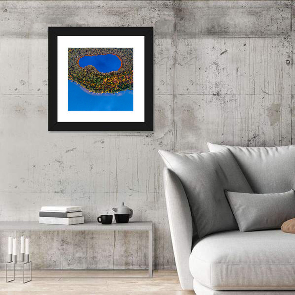 Autumn Forest Lake Wall Art in a room, square