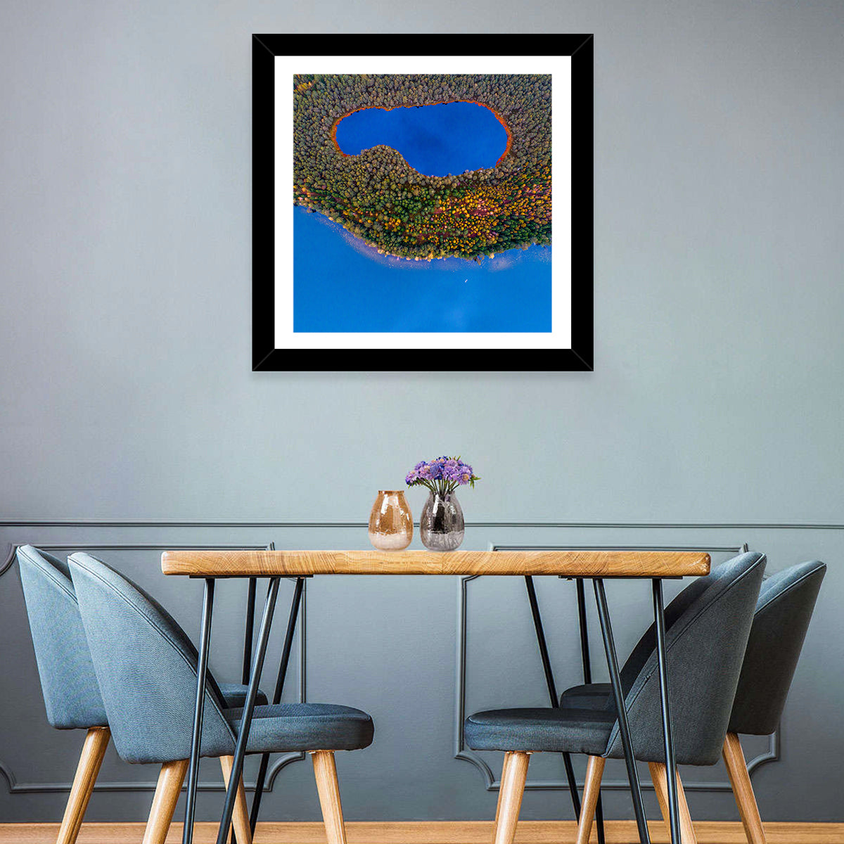 Autumn Forest Lake Wall Art in a room, square