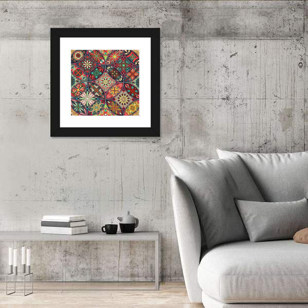Vintage Mandala Tile Pattern Wall Art in a room, square