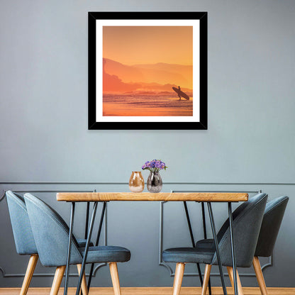 Surfer Silhouette at Golden Sunset Wall Art