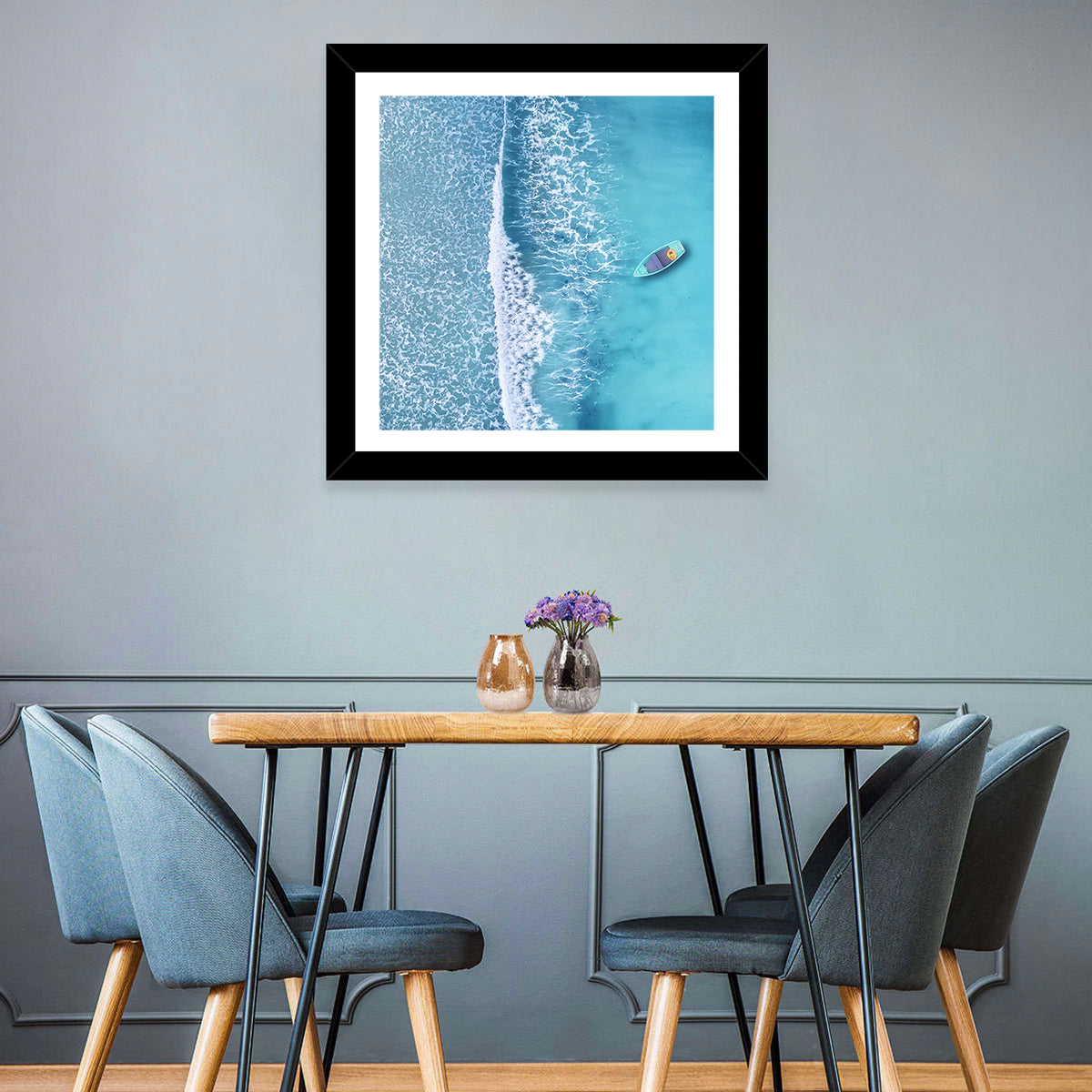Lone Boat Over Turquoise Waves Wall Art