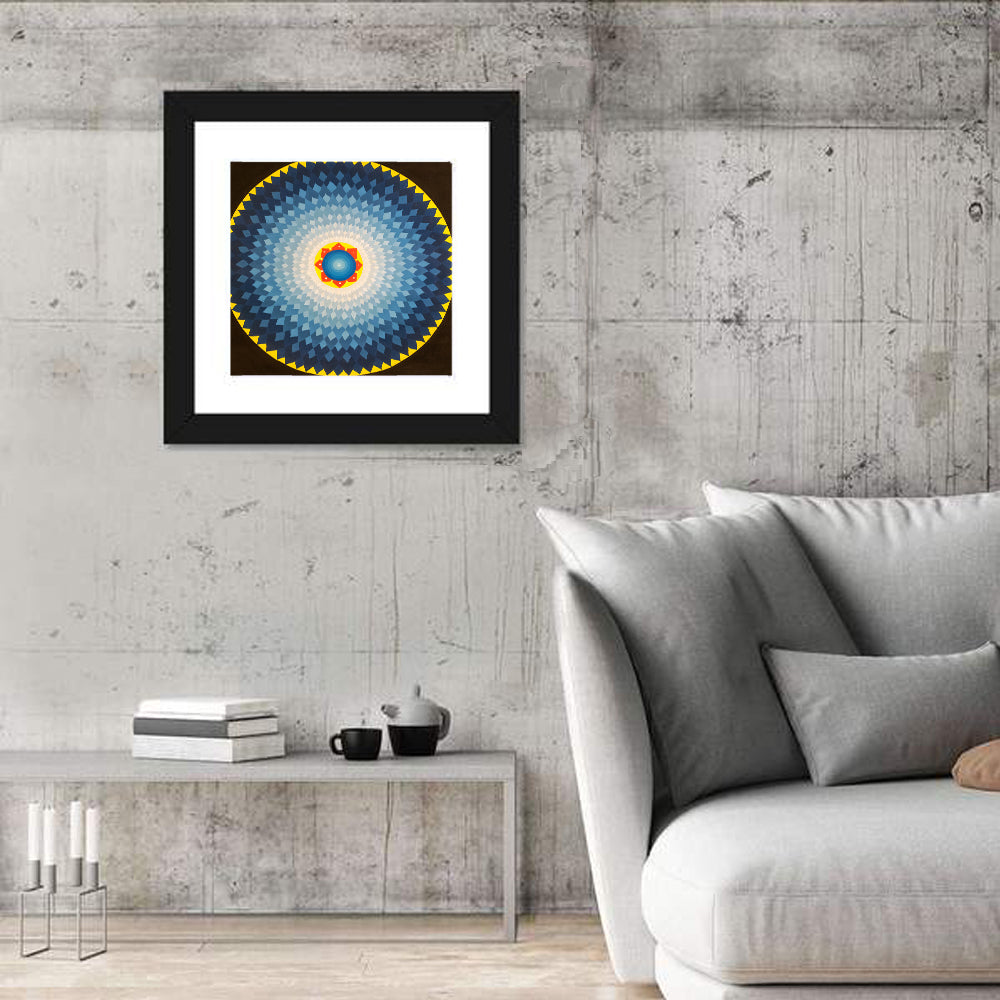 Radiant Blue Sunburst Mandala Wall Art in a room, square