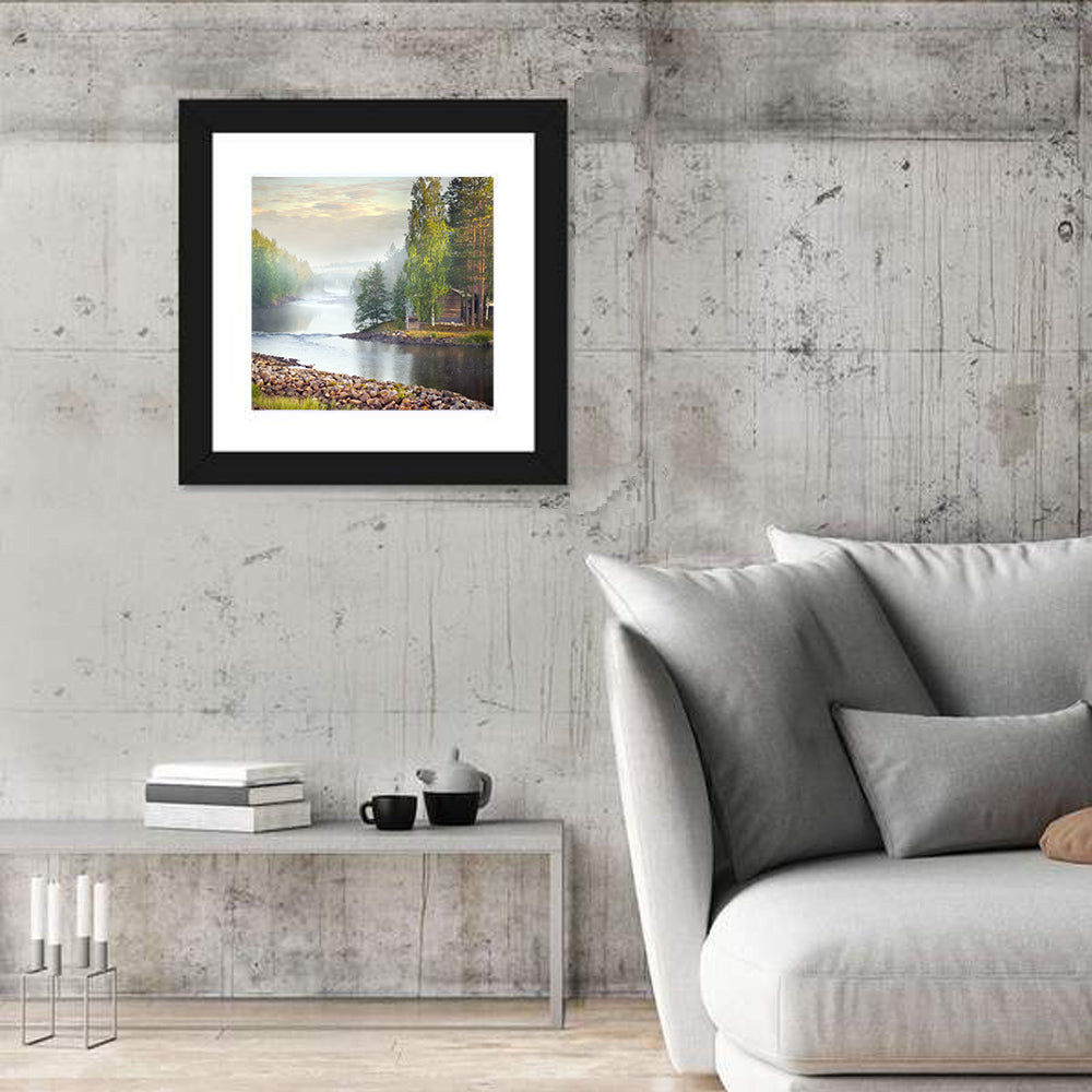Misty River with Red Roof Cabin Wall Art