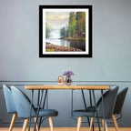 Misty River with Red Roof Cabin Wall Art