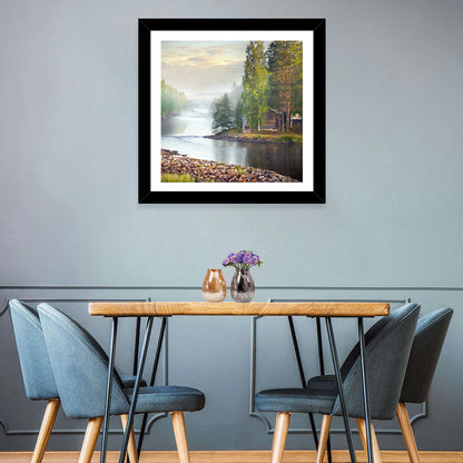 Misty River with Red Roof Cabin Wall Art