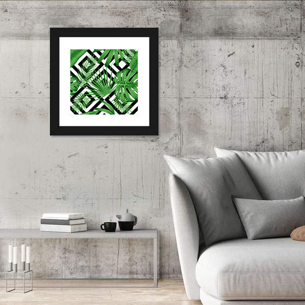 Tropical Geometric Leaves Pattern Wall Art in a room, square