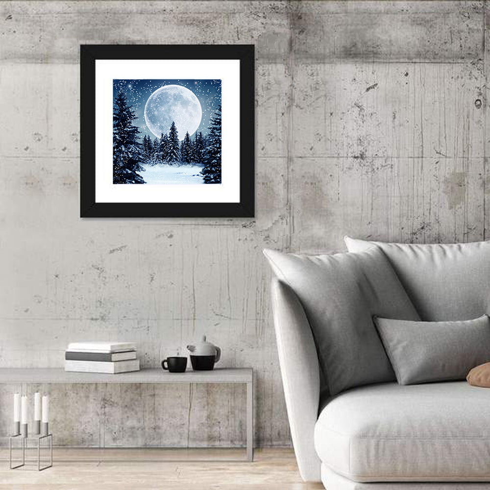 Full Moon Over Snowy Pines Wall Art in a room, square